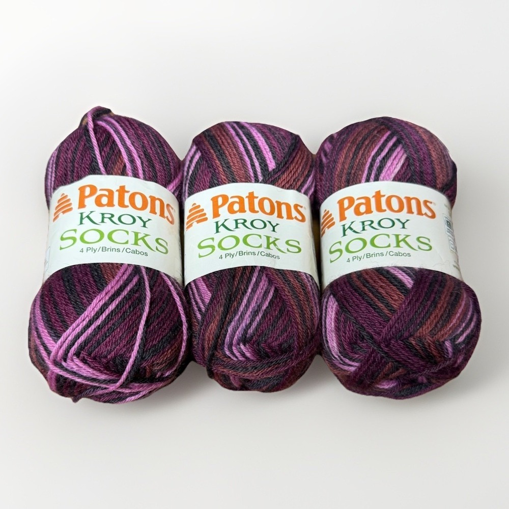 3 Skeins Patons Kroy Socks Yarn Amethyst Stripes‎ 50g Each 75% Wool Washable